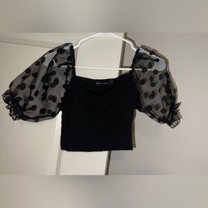 PrettyLittleThing Black Ribbed Sheer Balloon Sleeve Spot Sleeve Knitted Top